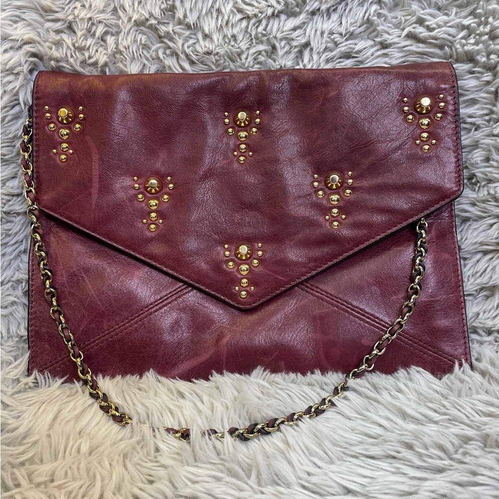 Juicy Couture Topanga Chain Link Studded Leather Shoulder Bag Burgundy